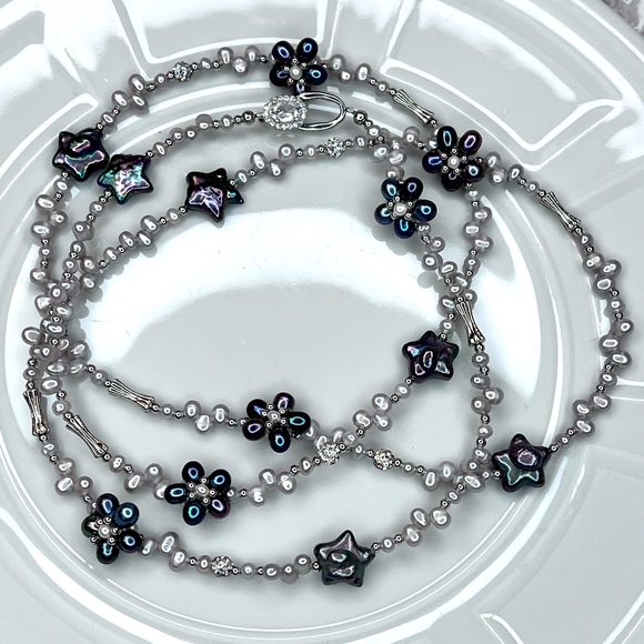 Handmade Freshwater Silvery Gray Peacock Flower 🌺 Star  Pearl Ex Long Necklace - Picture 2 of 5
